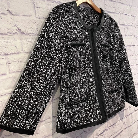 Covington Size Large Blazer Full Zip Black White Leather Trim Career Jacket - Picture 3 of 10